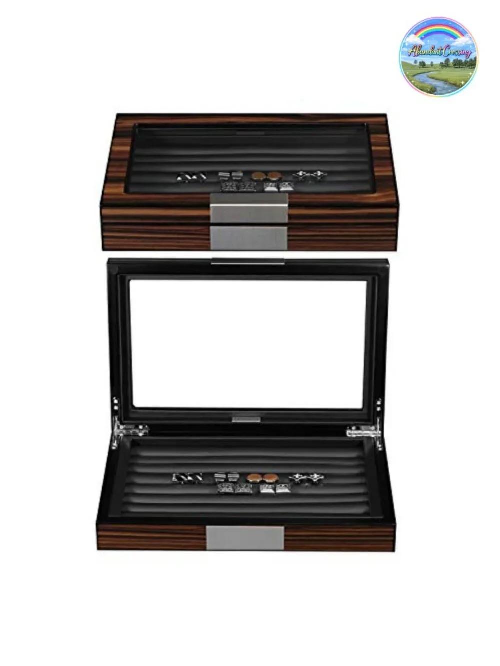 Wooden Cufflink Box Organizer with Glass Window - Holds 36-46 Pairs, Faux